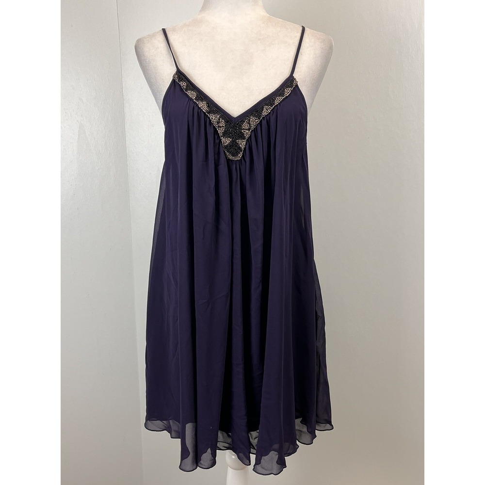 Express Babydoll Dress Sz M VGUC Dark Purple Beaded Adjustable Spaghetti Straps